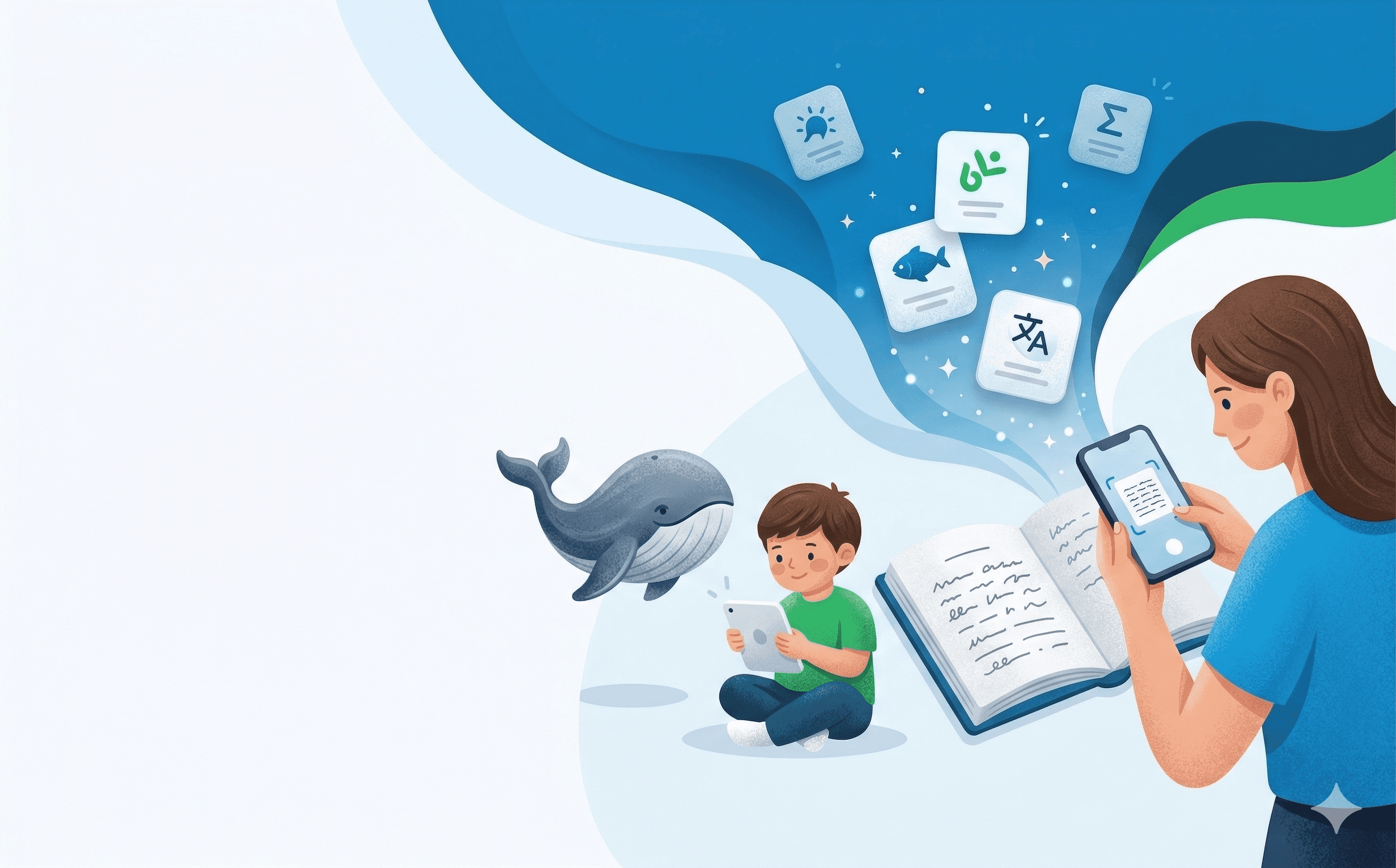 家长拍照导入内容，孩子在 Ray 陪伴下进行英语词汇学习